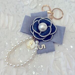 Denim Camellia and pearls bag charm